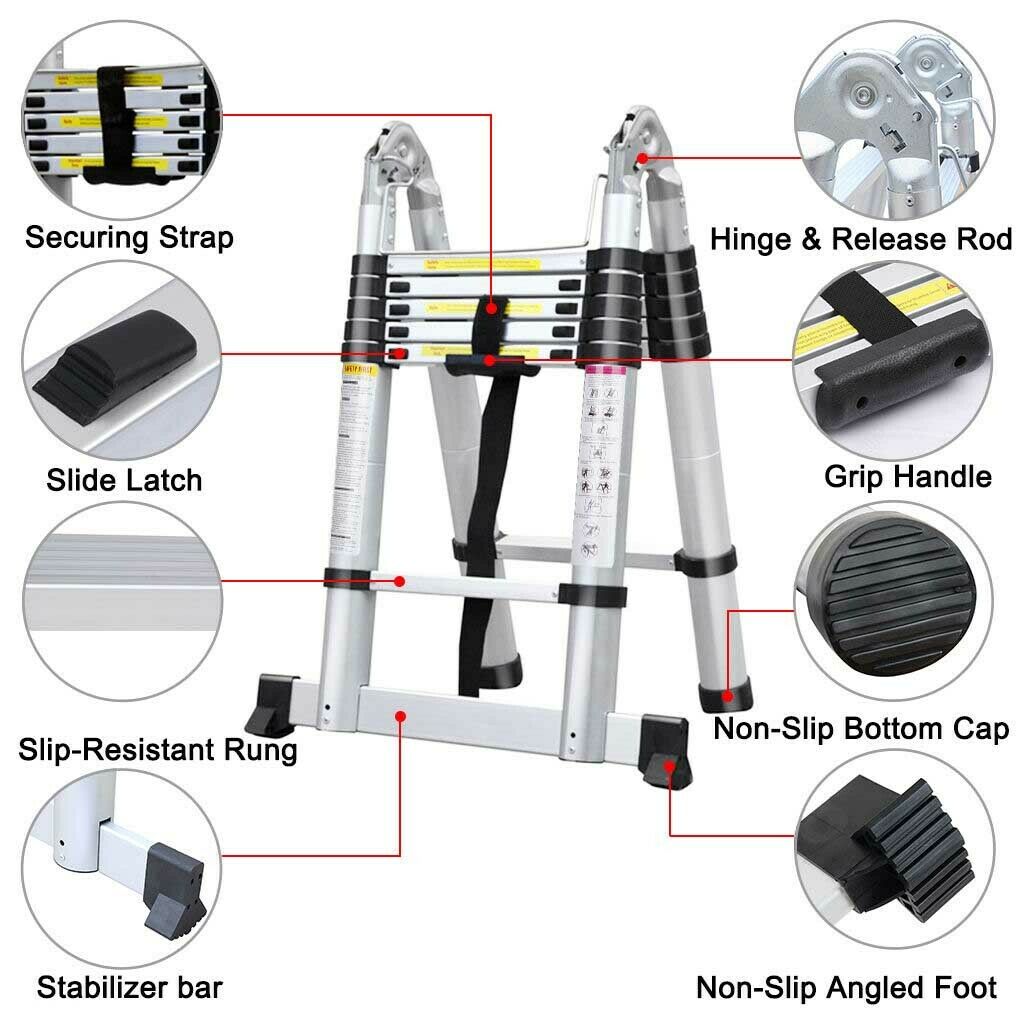 Telescoping Ladder Aluminum A-frame Extension Ladder, Folding Ladder with Stabilizer Bar and Anti-Slip Feet, 330lbs Max Load Capacity, for Home, Office ( 6.2+6.2FT / 8.2+8.2FT )