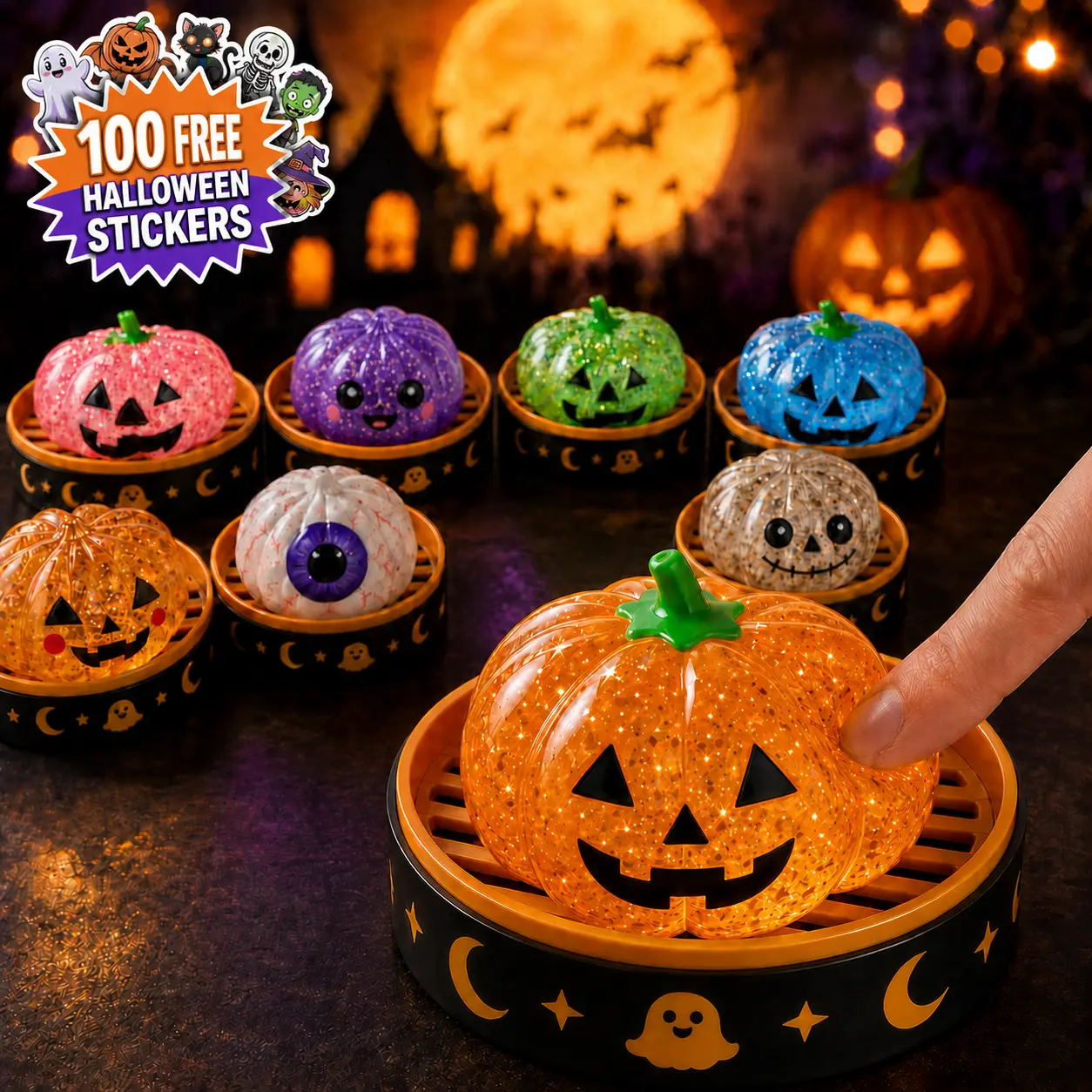Halloween Dumplings Squishy Set - Unisex Age 3+ Glitter Look Slow-Rebound Sensory Stress Balls, Glitter Jack-o-Lantern Pumpkin, Vampire, Eyeball, Gold Skull & Ghost Squeeze Toys, Scent-Free Halloween Fidget Gifts for Boo Baskets, Party Favors