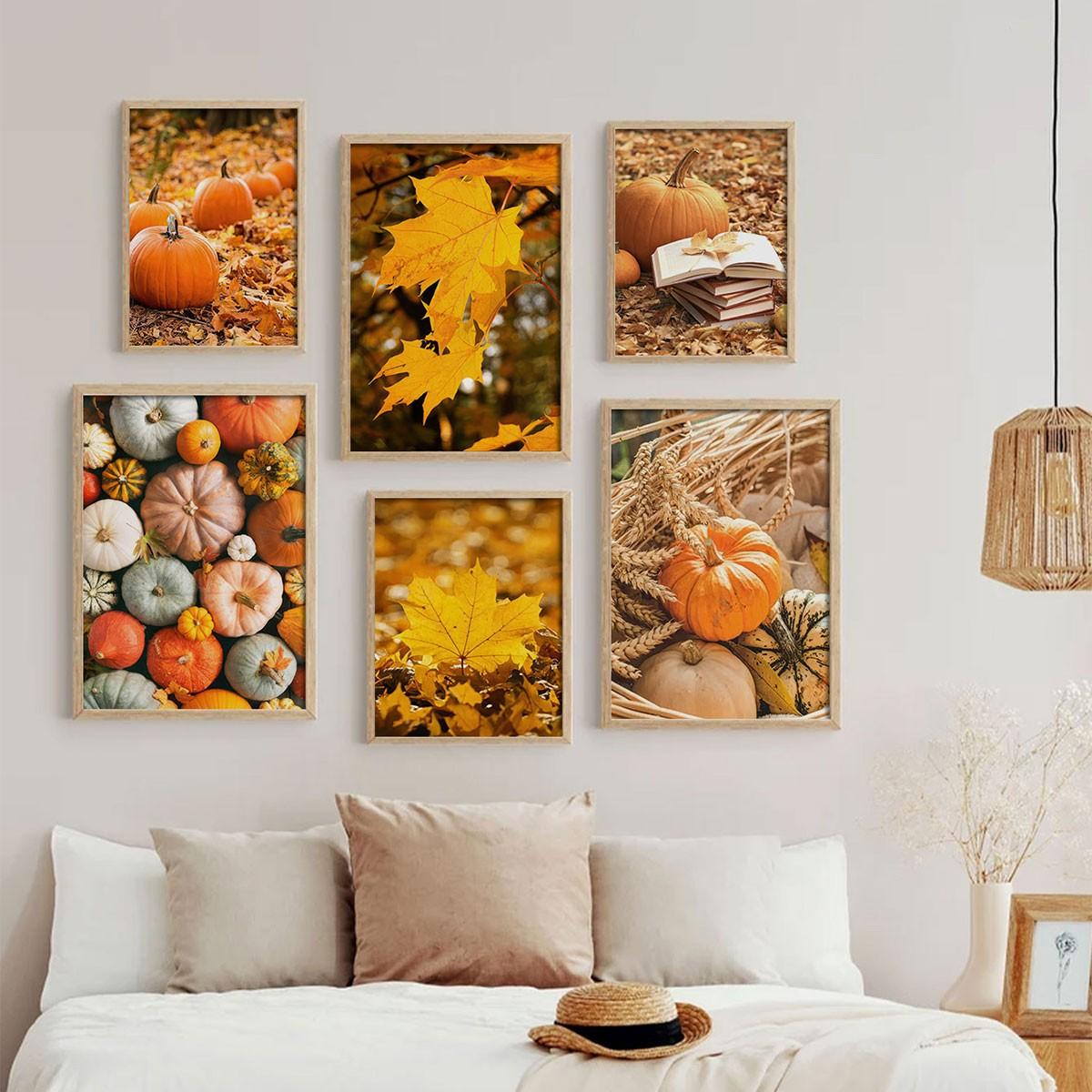 6pcs/set Frameless Canvas Poster Set, Harvest Season Pumpkin Maturity, Maple Leaves, Perfect for Living Room Bedroom Study