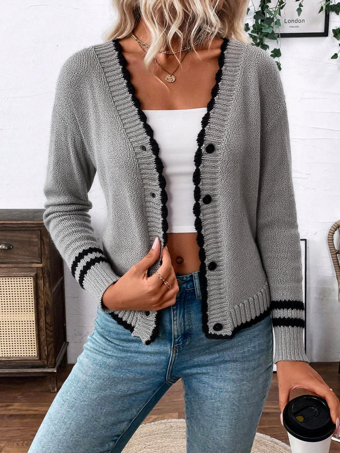 Women's Contrast Binding Button Front Cardigan - Casual Knitwear ...