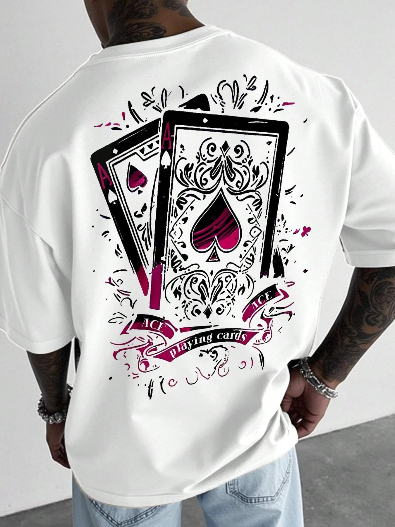 Men's Casual Short-Sleeve T-Shirt, Long Vintage Street Style Ace of Spades Playing Card Print, Loose and Versatile Top, Suitable for Hip-Hop Fashion, Streetwear and Daily Wear