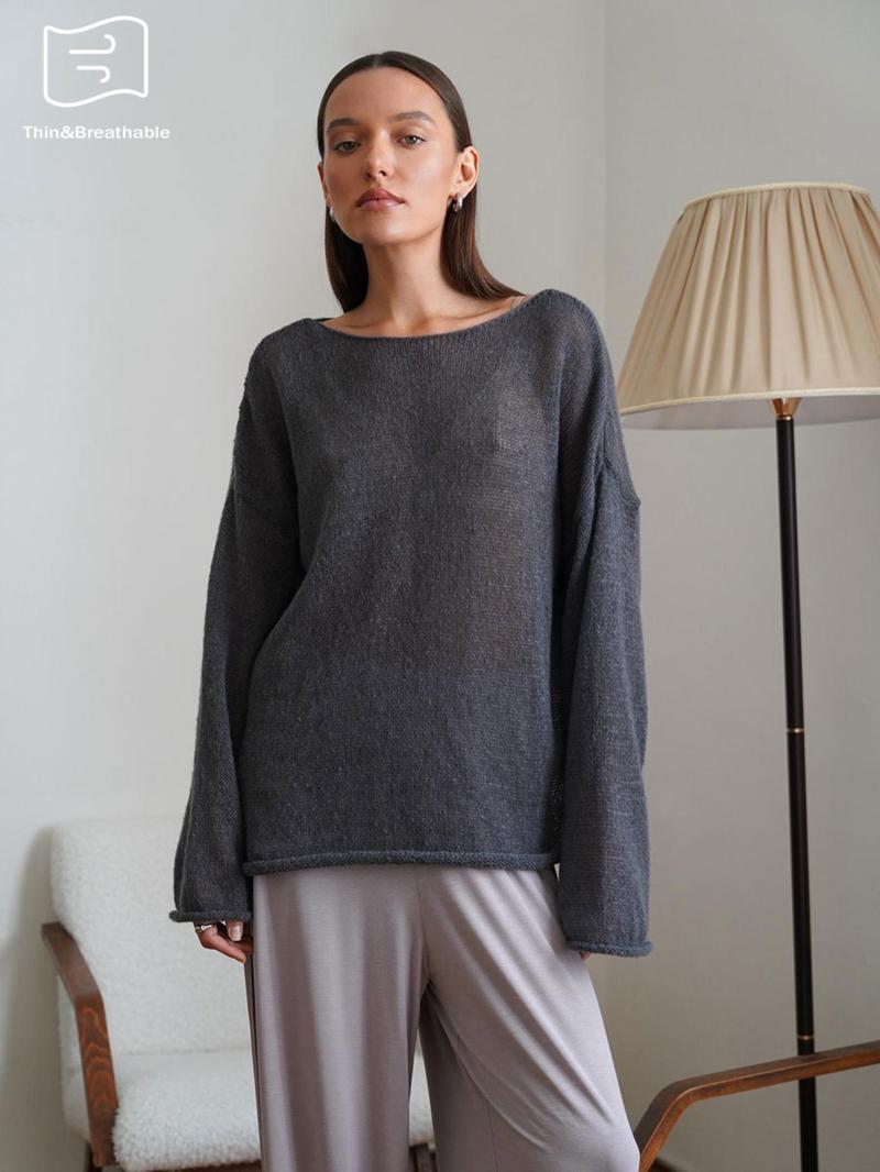 Women's Sheer Thin Spring Summer Loose-Fit Plaid Hollow Out Sweater Pullover, Casual Round Neck Batwing Sleeve Knitwear for All Seasons