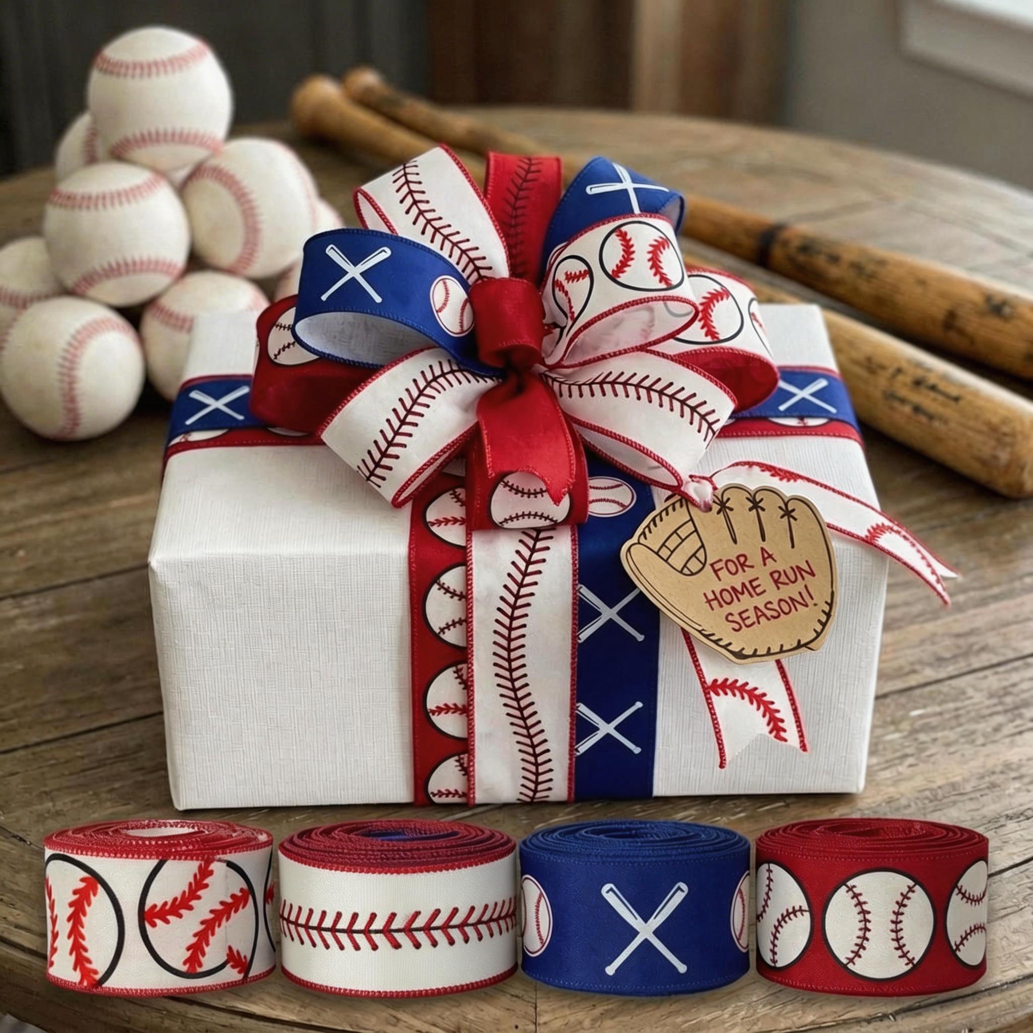 1 Rolls 5 Yards Baseball Grosgrain Continuous Ribbons - 2.48 inch Red White Sport Ribbons for Team Decoration and Party Themes