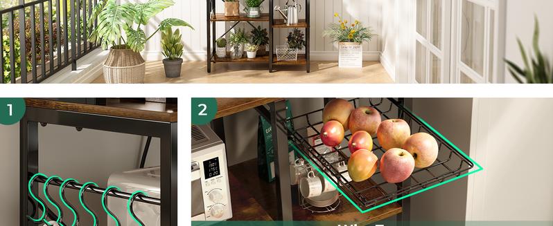 SUPERJARE Bakers Rack with Power Outlet, 35.4 Inches Coffee Bar with Wire Basket, Kitchen Microwave Stand with 6 S-Shaped Hooks, Open Storage Shelves