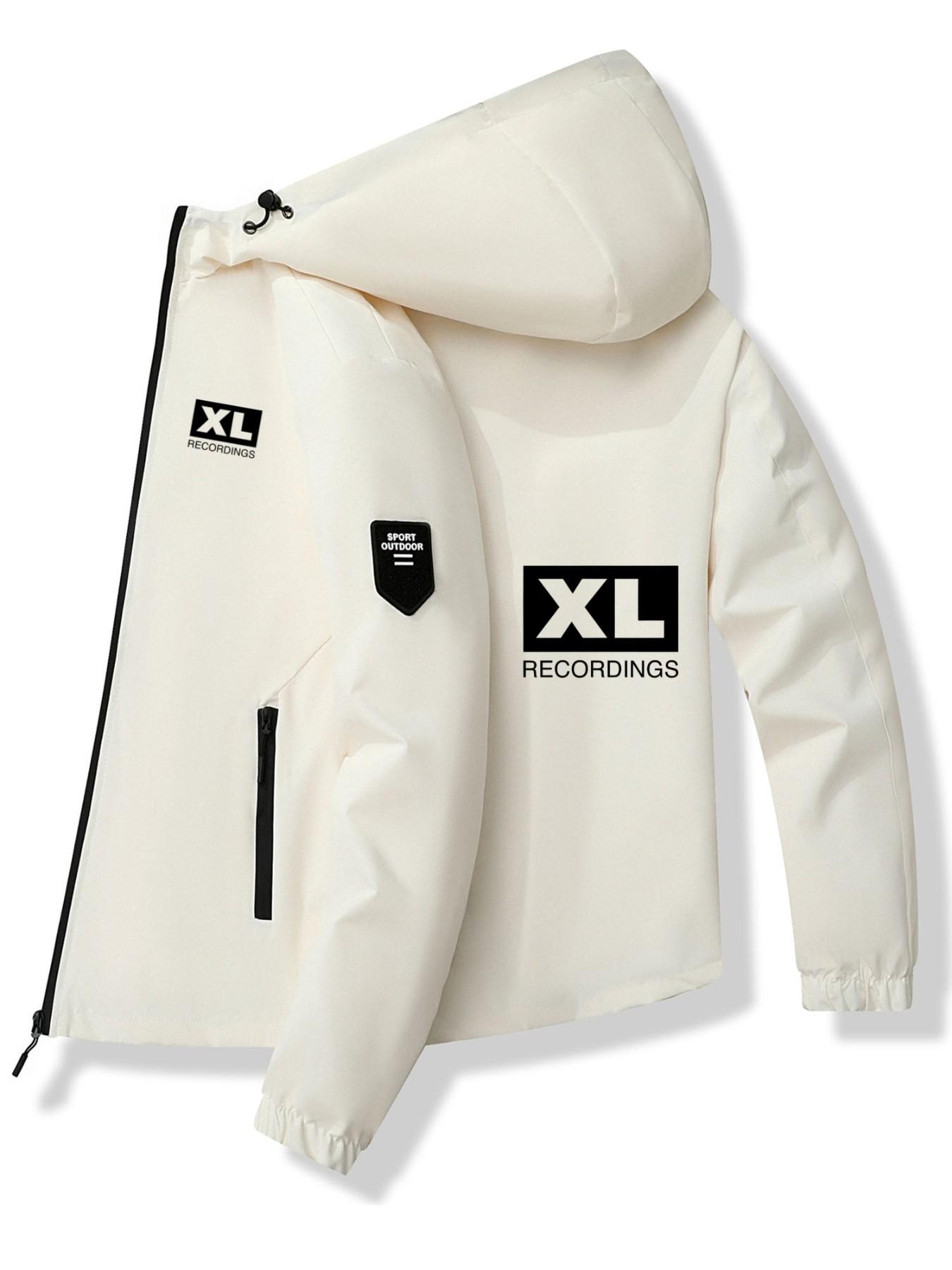 Xl Letter Hooded Jacket, Polyester Fabric, Bold Frame Print, Slim-Fit Casual Style, Spring & Fall Fashion Outerwear
