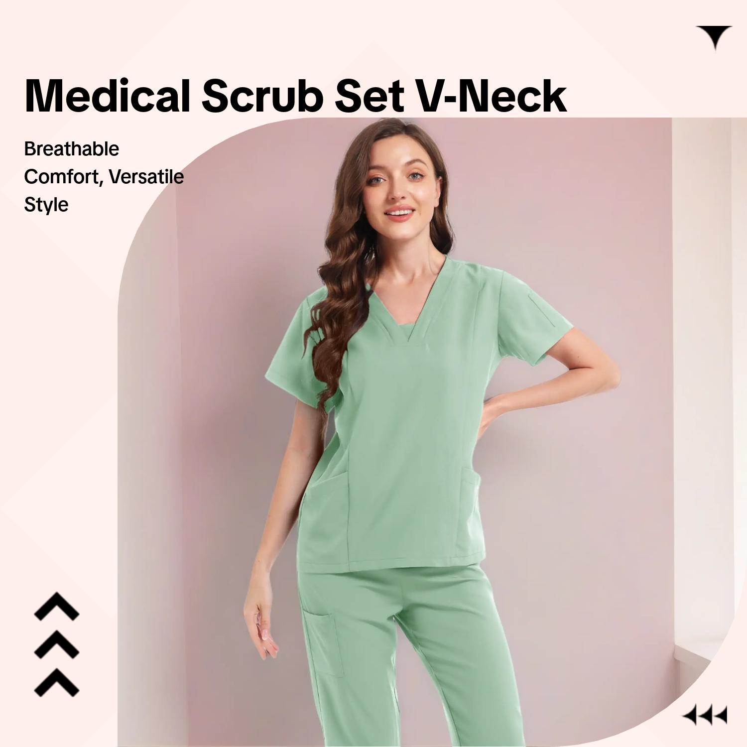Summer High Elastic Breathable Polyester V-Neck Multi-Pocket Medical Workwear Scrubs Uniform Suit Uniforms Set, Simple Solid Short Sleeve, Suitable for Nurses, Dentists, Spa, Beauty Salons