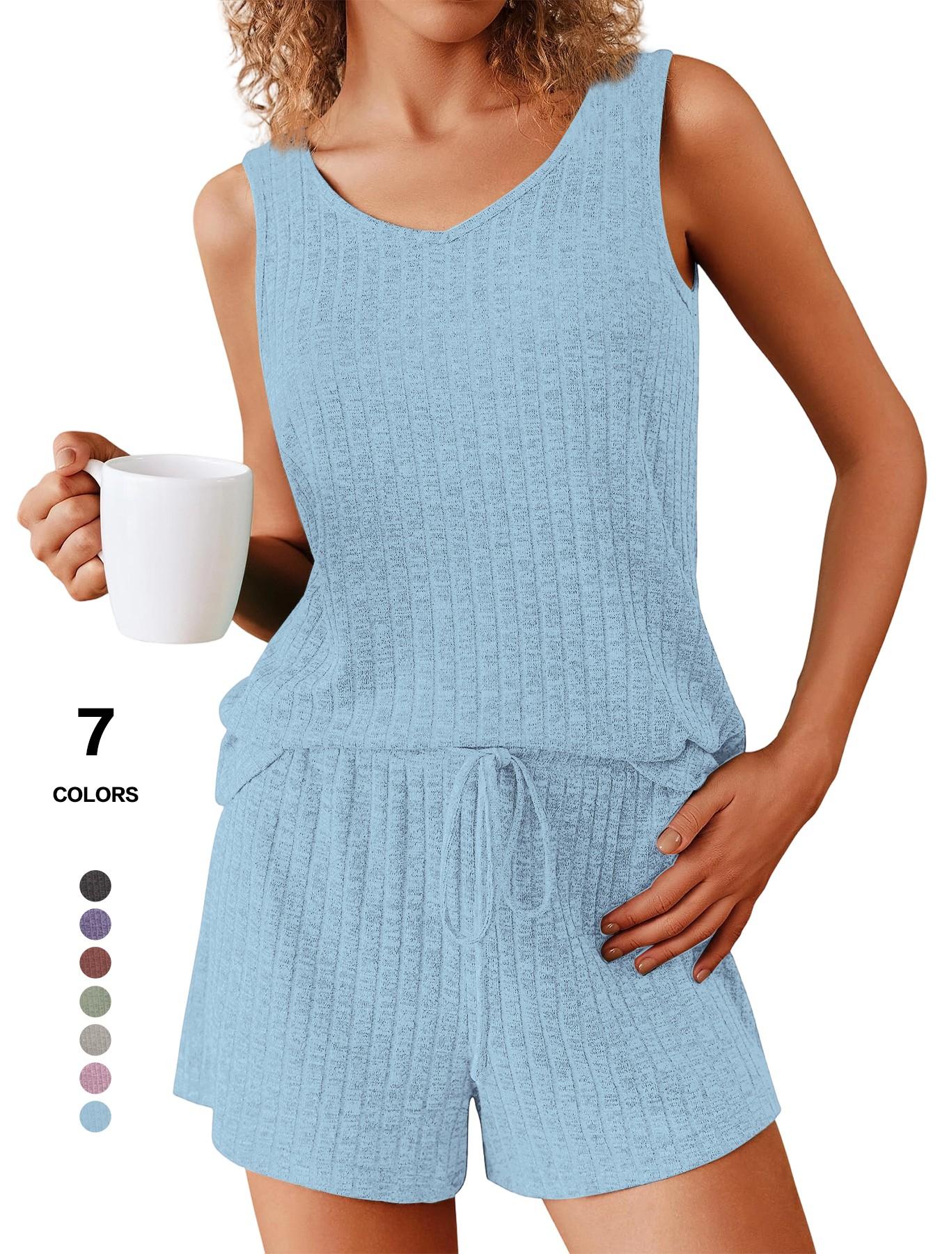 Women's 2-Piece Sleeveless Summer Pajamas Set, Ribbed Knit Tank & Shorts, Casual Fitted Elastic Design, Solid Color Loungewear
