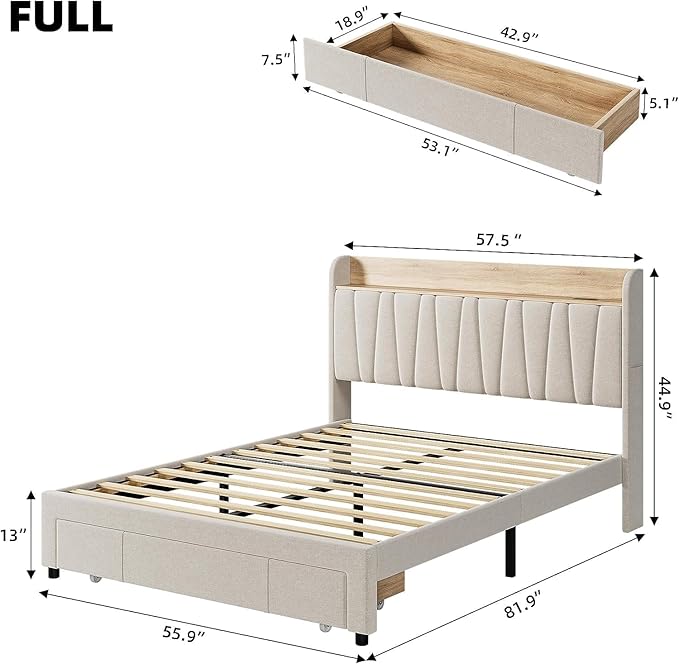 Bed Frame with Storage Headboard and Charging Station, Upholstered Platform Bed Frame with Drawer, Mattress Foundation with Solid Wooden Slats Support, No Box Spring Needed