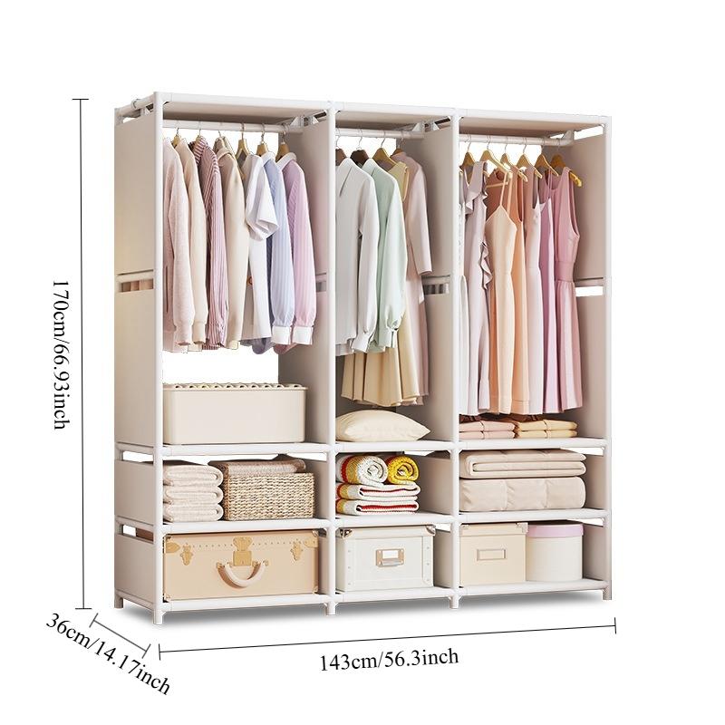 Wardrobe with clothes rod and storage shelves, standalone portable storage cabinet, easy-to-assemble fabric clothing organizer storage cabinet, sturdy metal frame, suitable for bedrooms, walk-in closets, apartments, dormitories, and small spaces