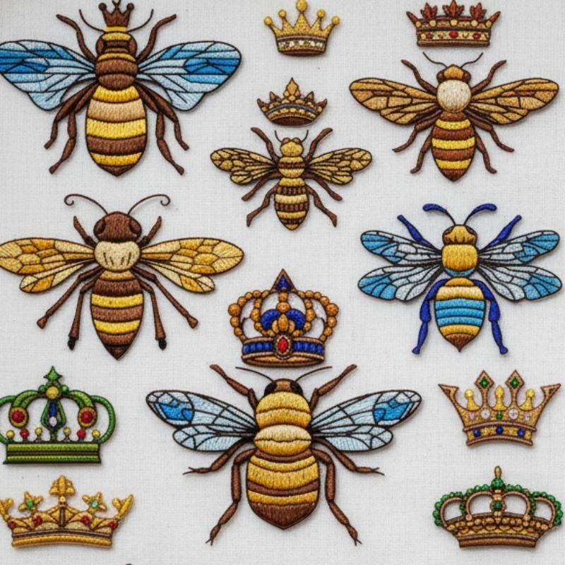 43Pcs Bee With Crown Water-Soluble Embroidery Patterns, Plant Pre-Printed Stabilizer Embroidery Stickers, Non-Woven Self-Stick Embroidery Stickers