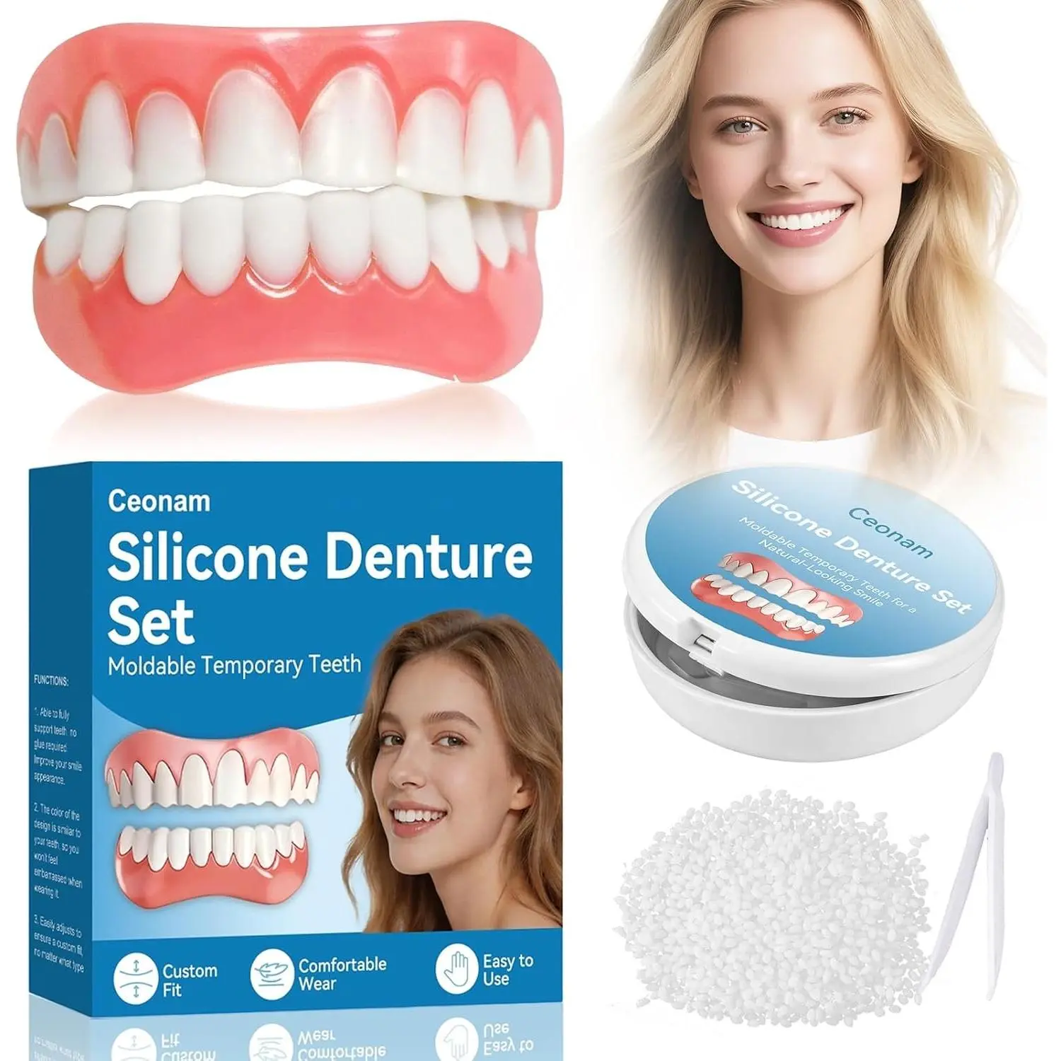 Silicone Denture Set Upper & Lower Full False Teeth for Men Women, Comfortable Fake Teeth for Daily Use