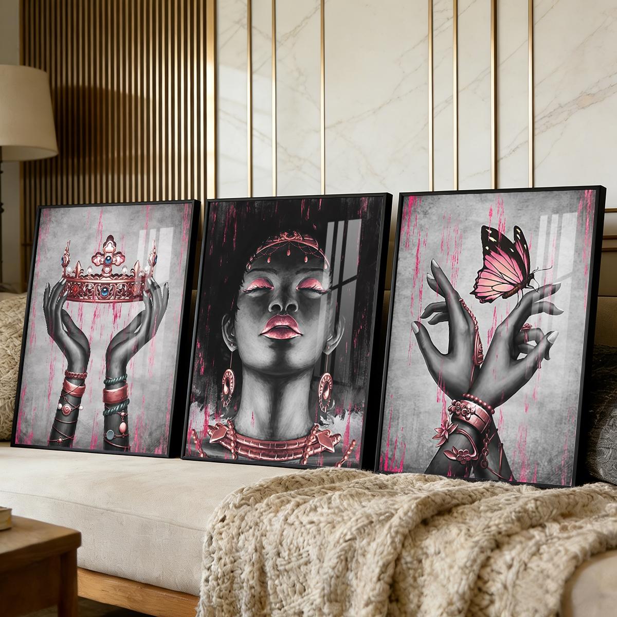 3 Counts Aluminum Alloy Framed Painting, Elegant Black And Pink Crown Butterfly Lady Artwork, Home Decoration For Living Room, Bedroom, Office, Restaurant, Hallway Wall Decor, Odorless Print Artwork, Luxury Perfect Gift For Friends And Family