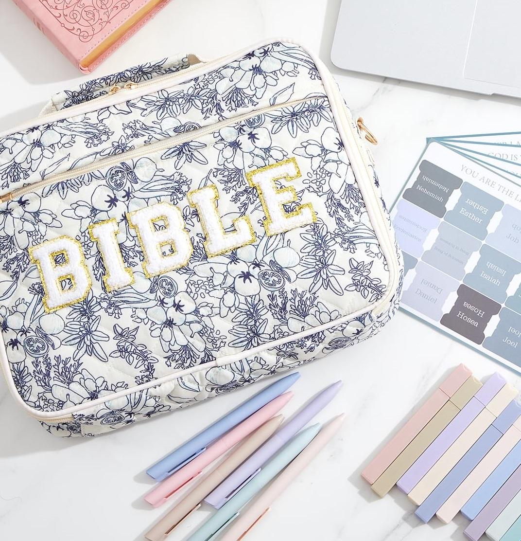 Bible Bag for Women, Floral Bible Bag 12x9x2.5in Large Chenille Letter Bible Cover PU Leather Bible Case with Tabs Colored Pen Highlighters Tote Bag with Shoulder Strap, Bible Journaling Kit Easter Gift for Church Women Girls,Sunday Prayer Supplies