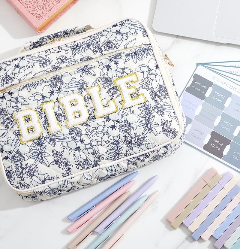 Valentine Gift Bible Bag for Women, Floral Bible Bag 12x9x2.5In Large Chenille Letter Bible Cover PU Leather Bible Case with Tabs Colored Pen Highlighters Tote Bag with Shoulder Strap, Bible Journaling kit for Church Christian Girls,Sunday Prayer Supplies