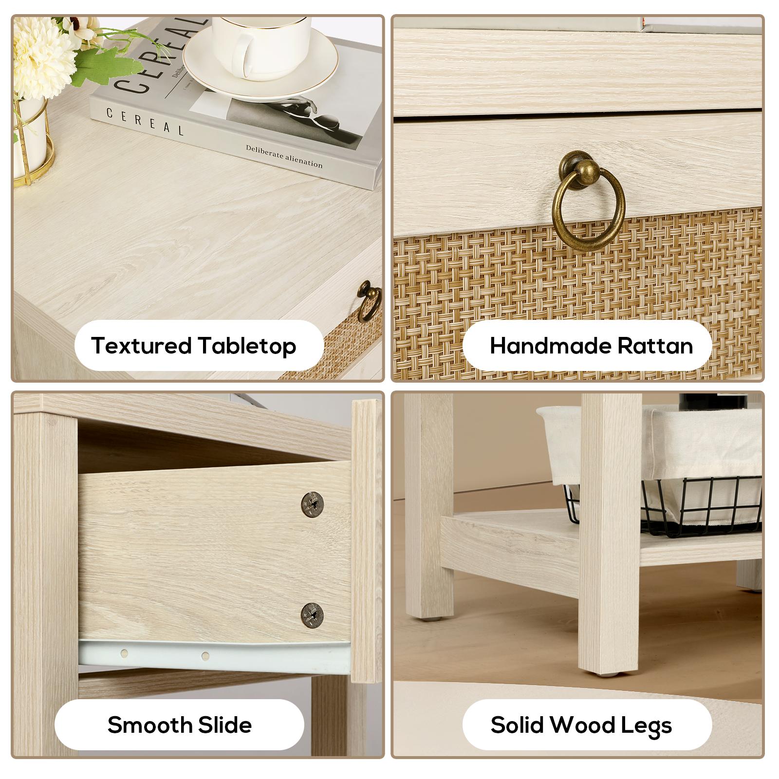 VOWNER 2 PCS Gray Rattan Nightstand Set of 2, Wood Night Stand with Vintage Metal Pull Handle, Bedside Table Boho End Tables Side Tables with Storage Shelf, for Bedroom