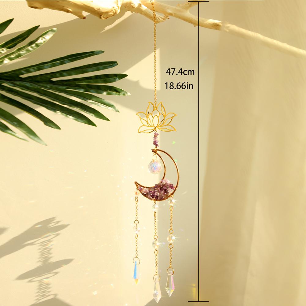 Moon and Lotus Prism Suncatcher Natural Stone Dreamcatcher Hanging Crystal Sun Catcher Rainbow Maker Garden Window Decoration