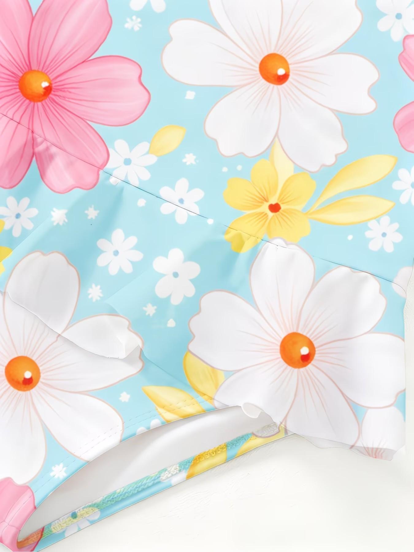 Girls' Floral Pattern Jumpsuit, Cute Cartoon Print, Ruffled Quick-Dry Swimwear, Fashionable Beach Party, Sporty Style