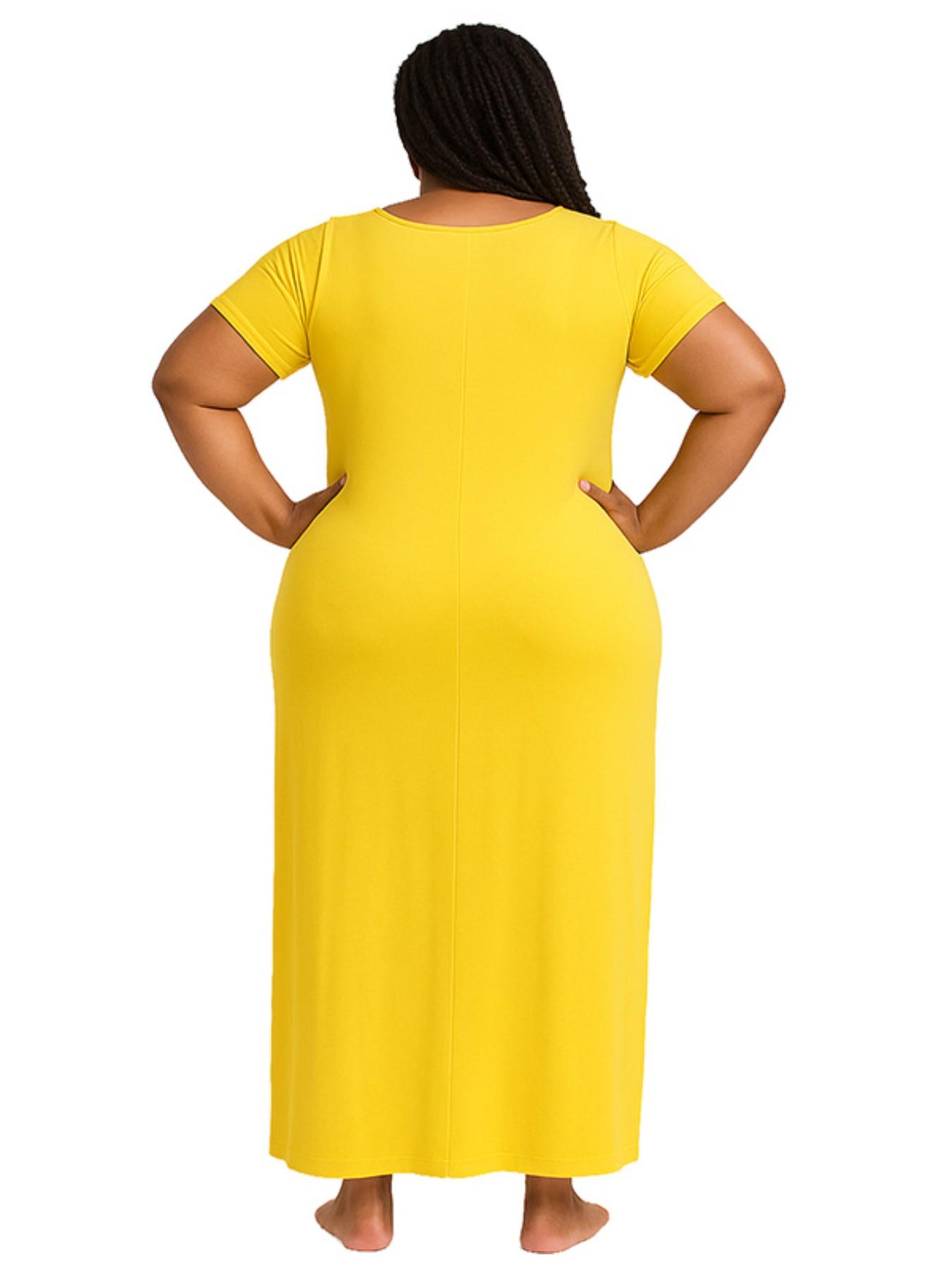 Plus Size Women's Solid Color Dress, Sexy Round Neck Short-Sleeved Long Dress, European and American Summer New Arrival, Casual Style