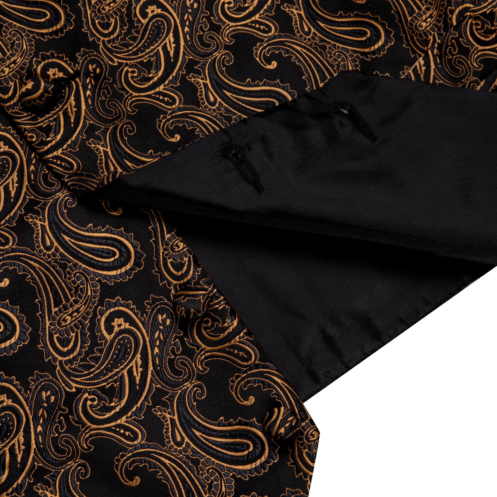 Mens 4PC Luxury Black Gold V-Neck Waistcoat & Tie Set, Formal Sleeveless Jacquard Vest with Paisley Floral Pattern, Elegant Fashion Menswear