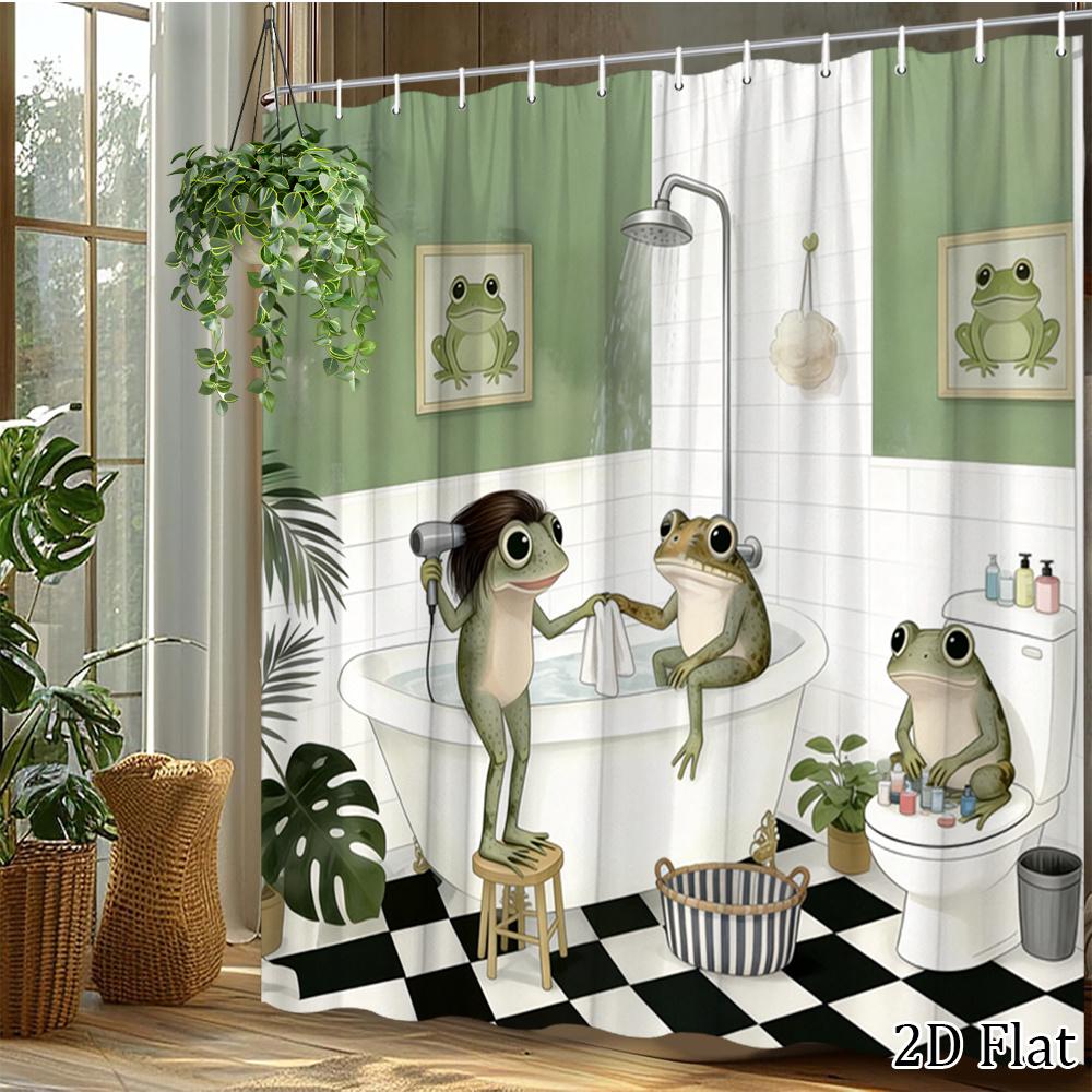 1pc 2D Flat Funny Frog Shower Curtain Bathroom Decor Bath Curtain with 12 plastic Hooks 70.8x70.8 Inch Featuring Cartoon Frogs in Bathtub and Nature Theme Wall Art for Unique Bathroom Style