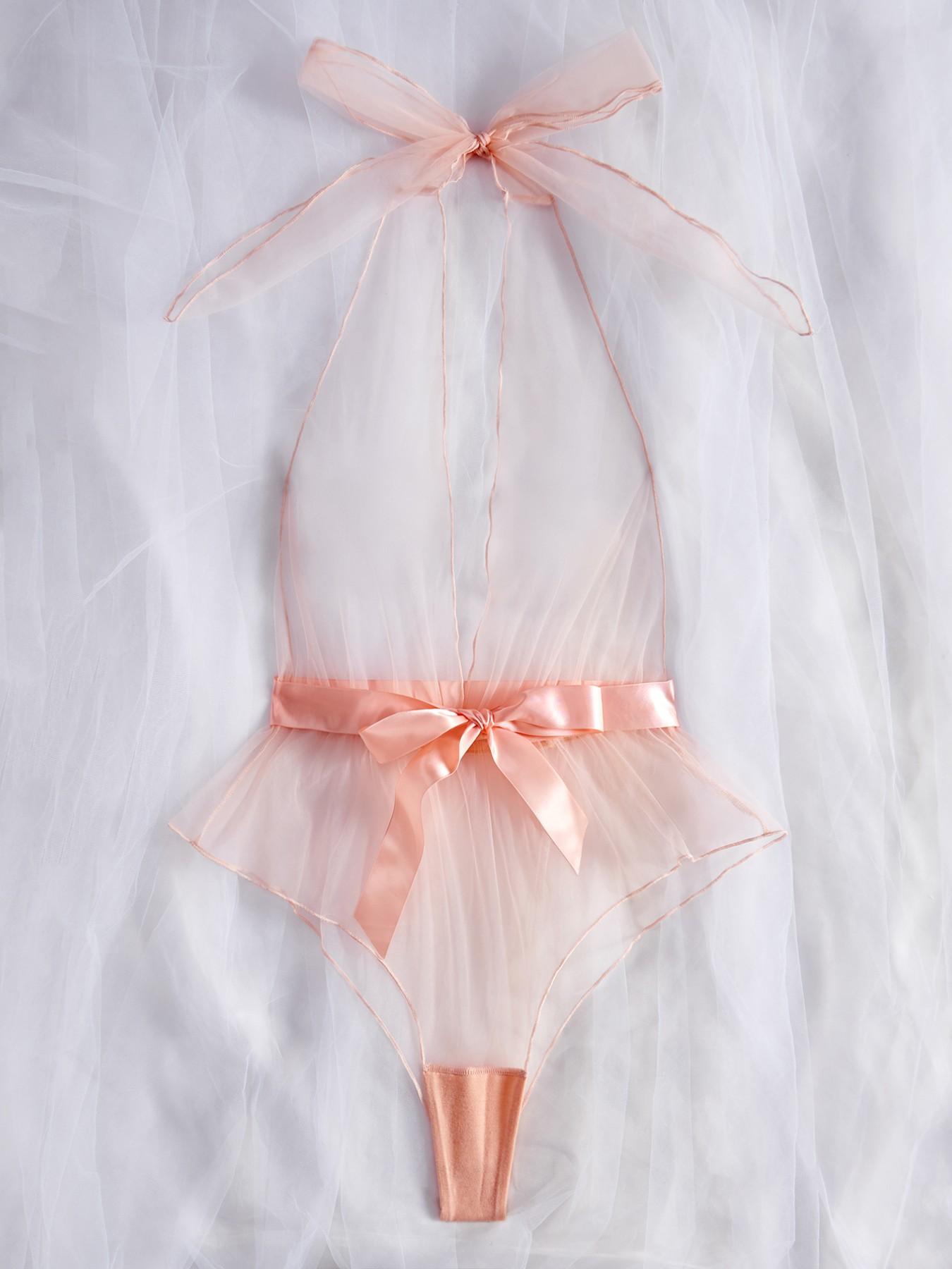 Elegant Sheer Mesh Halter Jumpsuit, Satin Bow Ruffle Decor, Luxurious Bedroom Sleepwear for Women, Sexy Slim-Fitting Design