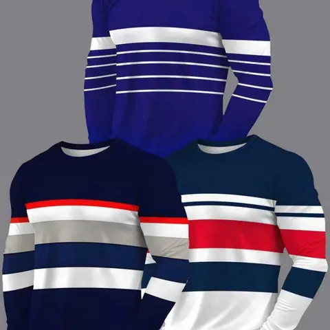3-Pack Men's Long Sleeve Round Neck T-Shirts, Casual Fitted Geometric Pattern, All Seasons Daily Wear, Unlined Knit Top