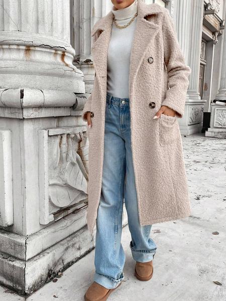 Women's Winter Korean Plush Long Coat, Loose Fit Double Button Overcoat, Warm Casual Outerwear for Fall & Winter Seasons