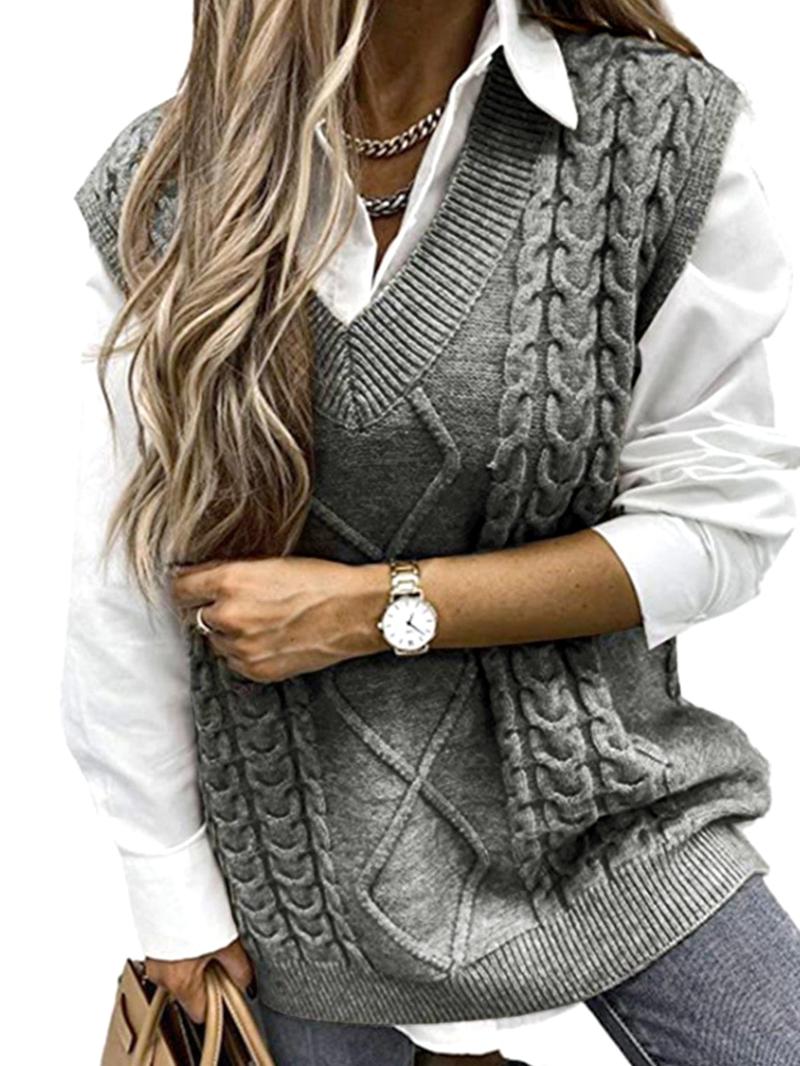 Women's Solid Textured V Neck Sweater Vest, Casual Preppy Cable Knit Pullover for Fall & Winter, Women's Knitwear for Daily Wear, Sweaters Vest