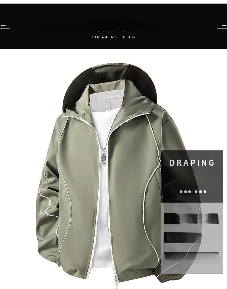 Fashion Men Lightweight Hooded Windbreaker Jacket, Stylish Contrast Curved Piping Design, Relaxed Loose Fit, Minimalist All-Match Windproof Outer Coat Perfect For Spring Autumn Street Looks