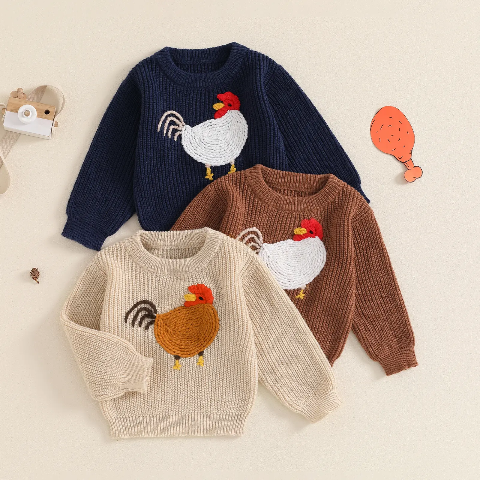 Toddler Baby Girl Boy Knit Sweater Rooster Embroidery Country Sweatshirt Oversized Tops Fall Winter Clothes