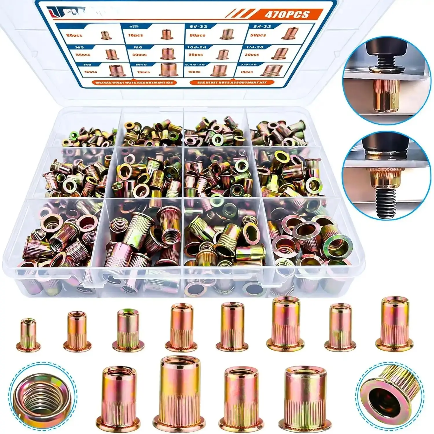 Rivet Nut Kit, 470Pcs SAE & Metric UNC Rivet Nut, Zinc Plated Carbon Steel Rivnut Threaded Inserts Assortment Set Nutserts, Sizes 6-32 8-32 10-24 1/4"-20 5/16"-18 3/8"-16 M3 M4 M5 M6 M8 M10