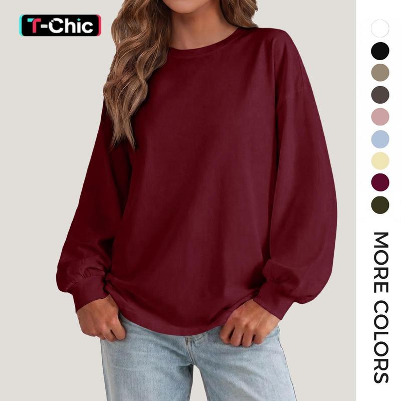 Tankaneo Women Oversized Crew Neck Long Sleeve Top Loose Puff Elastic Cuffs Solid Casual Basic Pullover Shirts