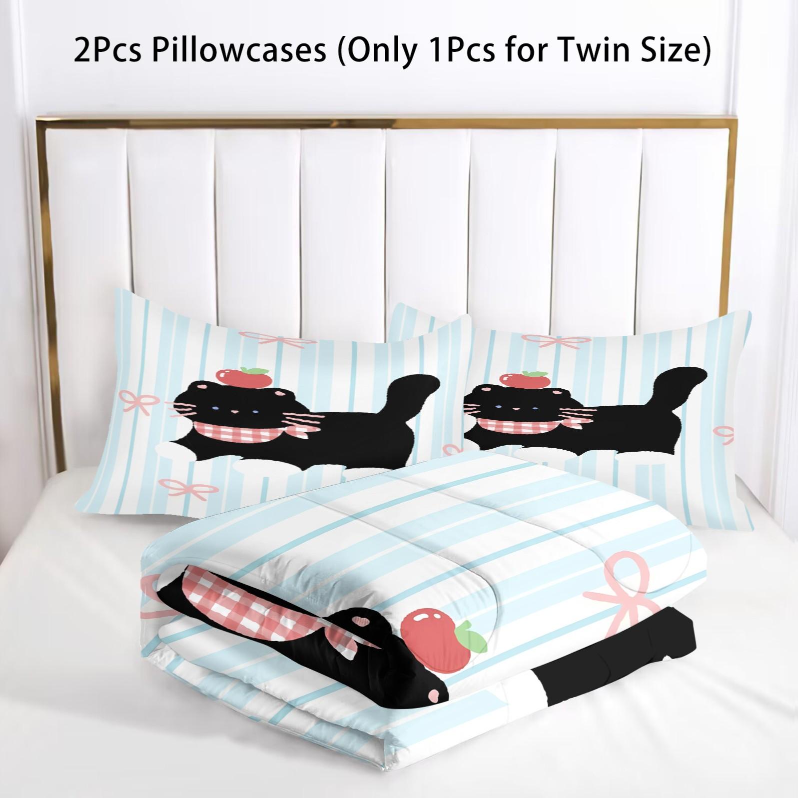 Happy Healing Cat Series Pattern Quilt, Includes 1 Quilt and 1/2 Pillowcases, Soft Comfortable Home Bedding, Perfect for Dorm or Bedroom Decor