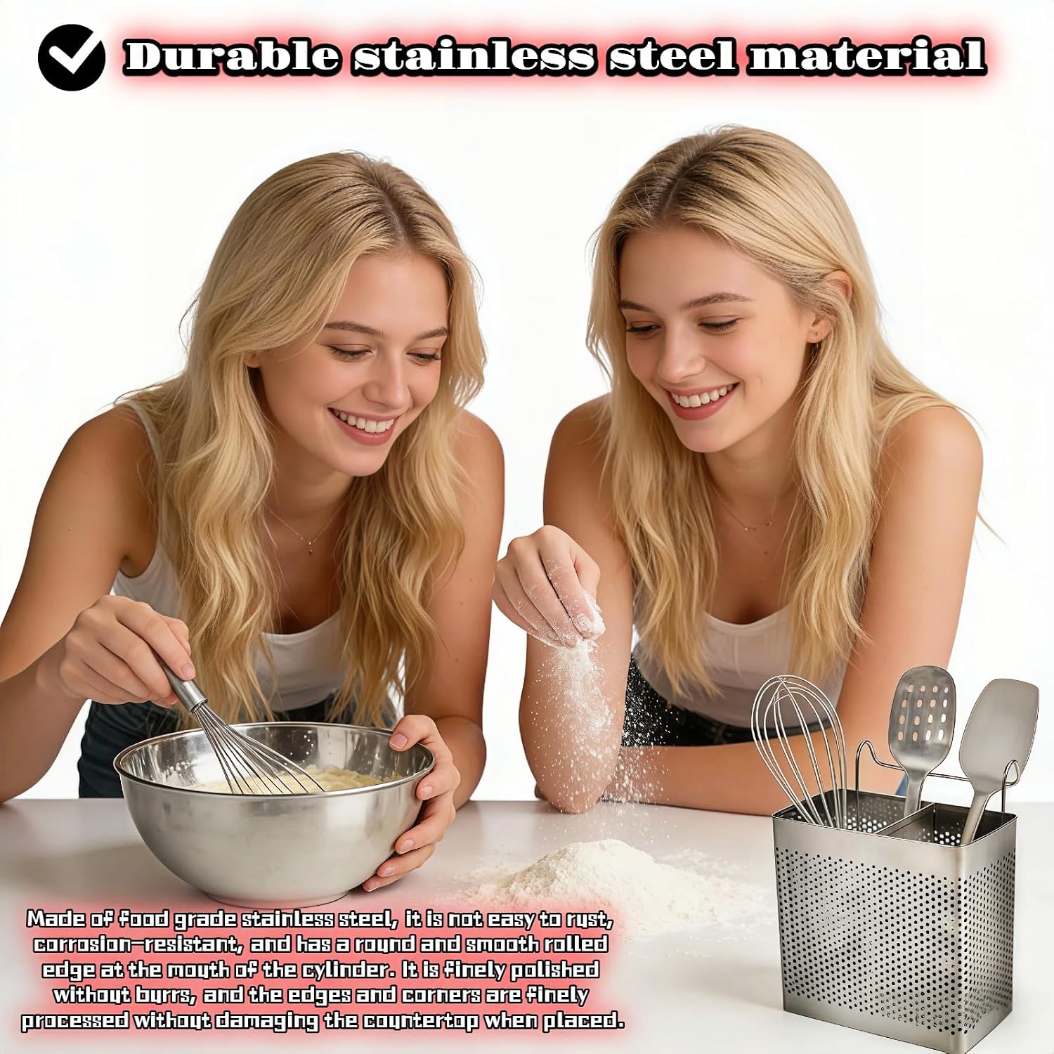 Stainless Steel Utensil Holder for Kitchen Counter, 2 Compartment Cutlery Organizer with Hooks, Dishwasher Safe Flatware Drying  for Sink & Dish Rack (Brushed Finish)