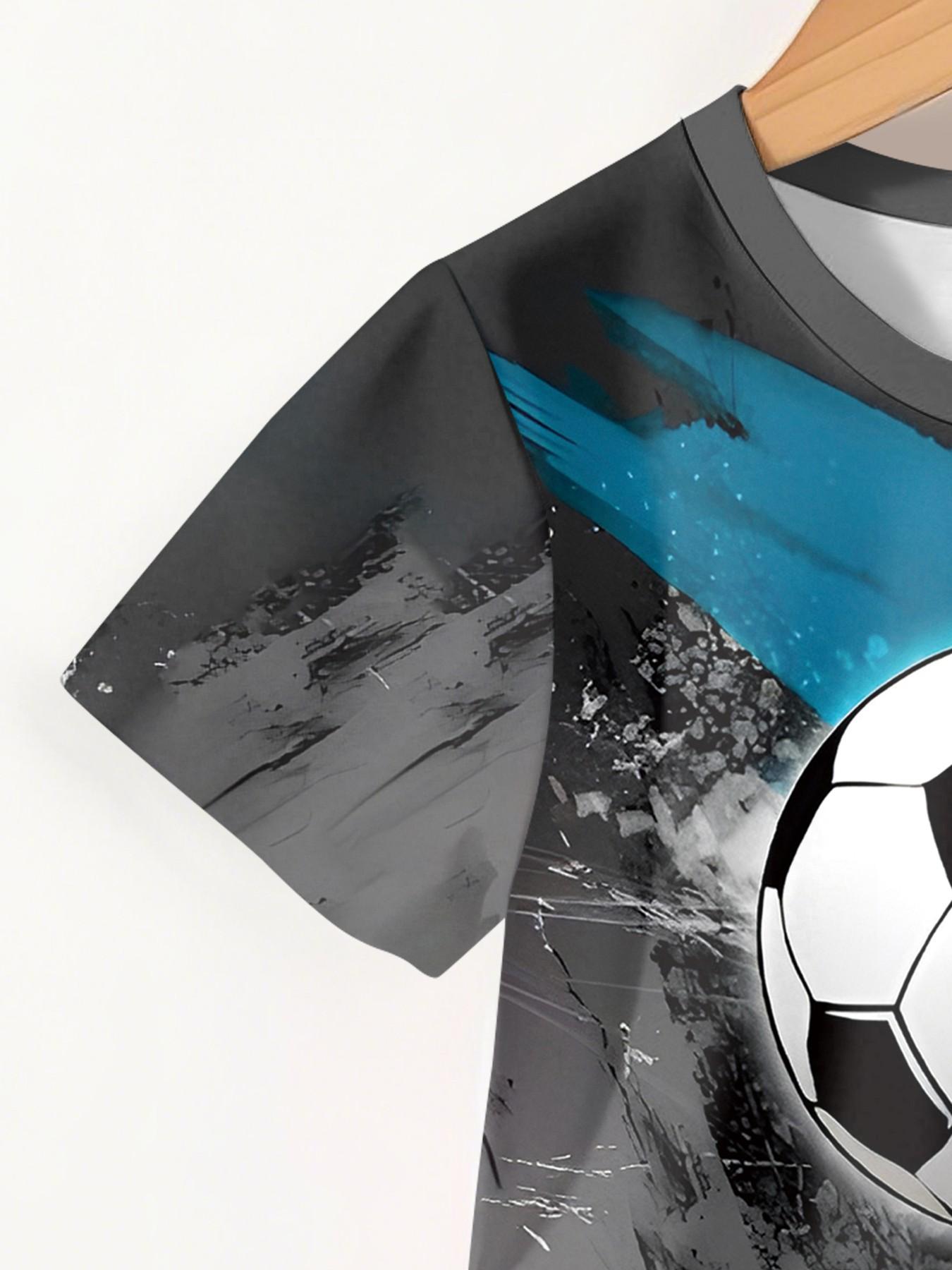 Ink-style short-sleeve and shorts two-piece set for football players, 100% polyester casual loose-fit set, summer fun printed pattern, outdoor sports T-shirt set, perfect gift for boys