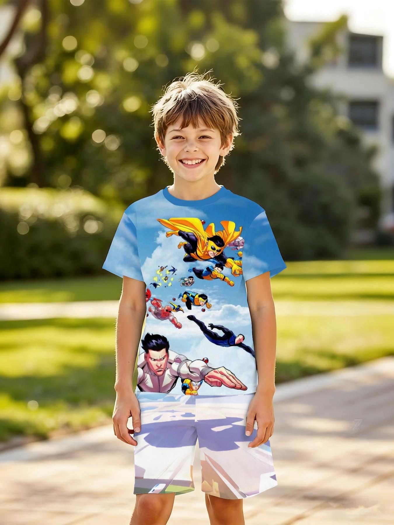 Boys' Superhero Costume Set, Casual Fitted Shorts Suit, All over Print, Perfect for Outdoor Activities, Birthday & Holiday Gifts