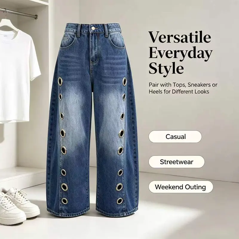 Women's High Waist Geometric Eyelet Cotton Mix Denim Style Jeans - Baggy Wide-Leg Cropped Bottoms with Side Pockets, Zip Fasten, Casual Fashion Fabric, 2026 Fall Festival Streetwear, Cold Wash Y2K Clothing