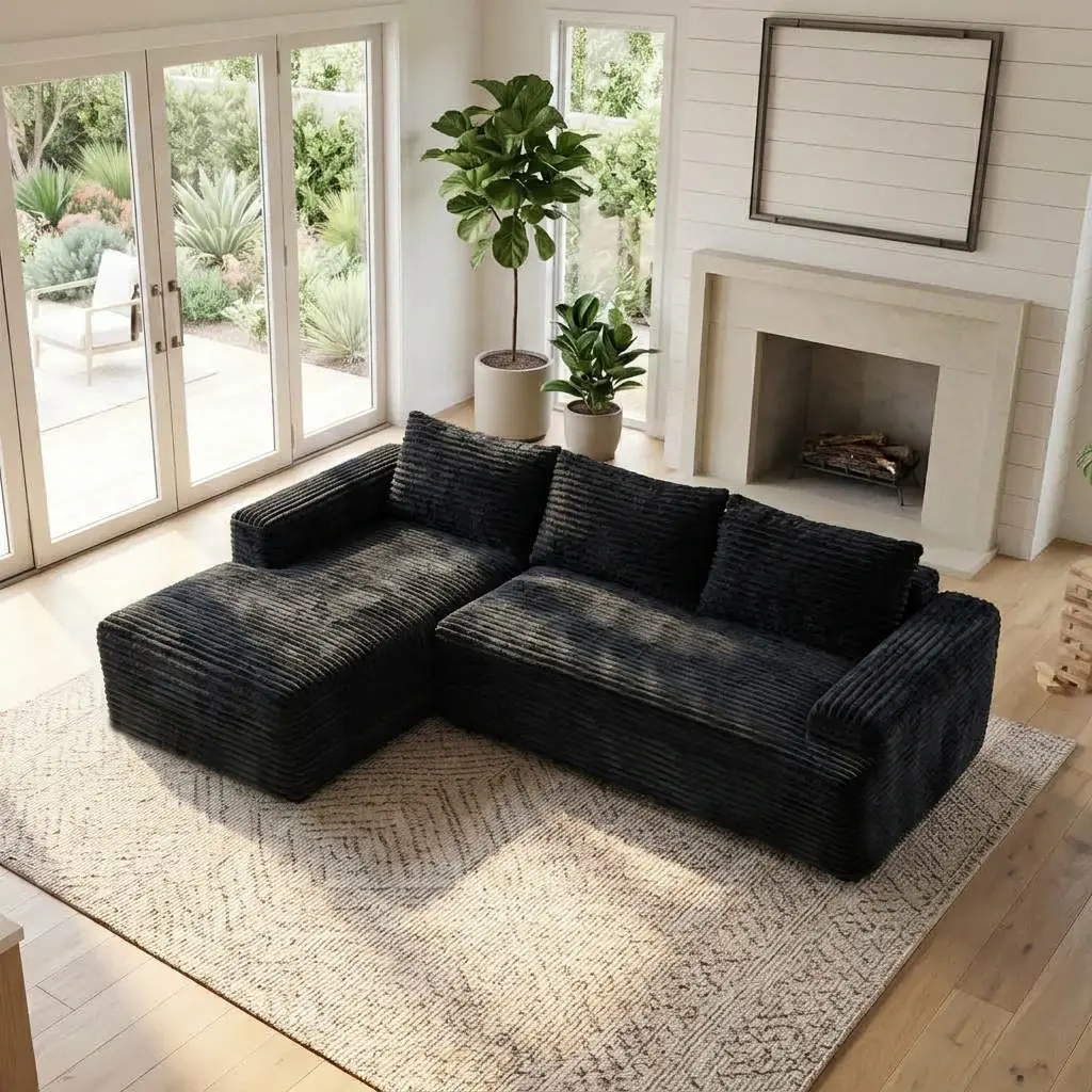 Boneless Couch for Living Room, Modular Sectional Sofa with Plush Corduroy Fabric, Minimalist Oversized L-Shaped Couch with Chaise, Fluffy Pillows and Cushion, No Assembly Required.