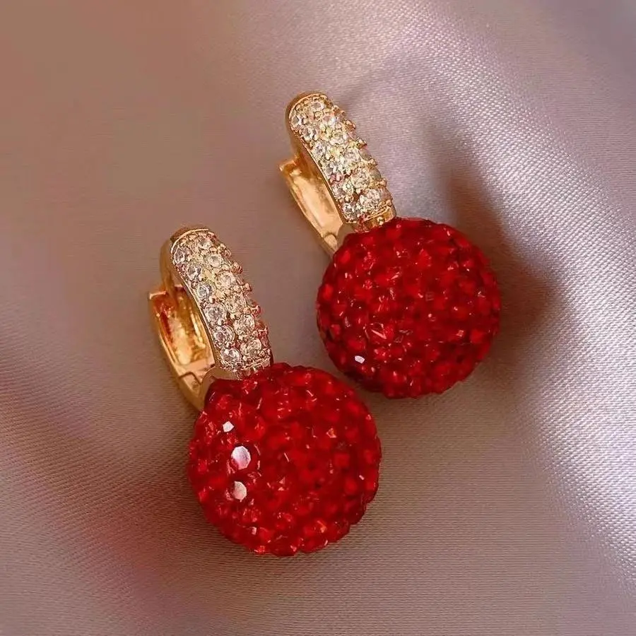 Red Crystal Ball Statement Earrings for Women – Sparkling Rhinestone Lightweight Dangle Earrings, Elegant Light Luxury Fashion Jewelry, Small Exquisite Drop Earrings for Party, Holiday, Night Out & Daily Outfit Styling