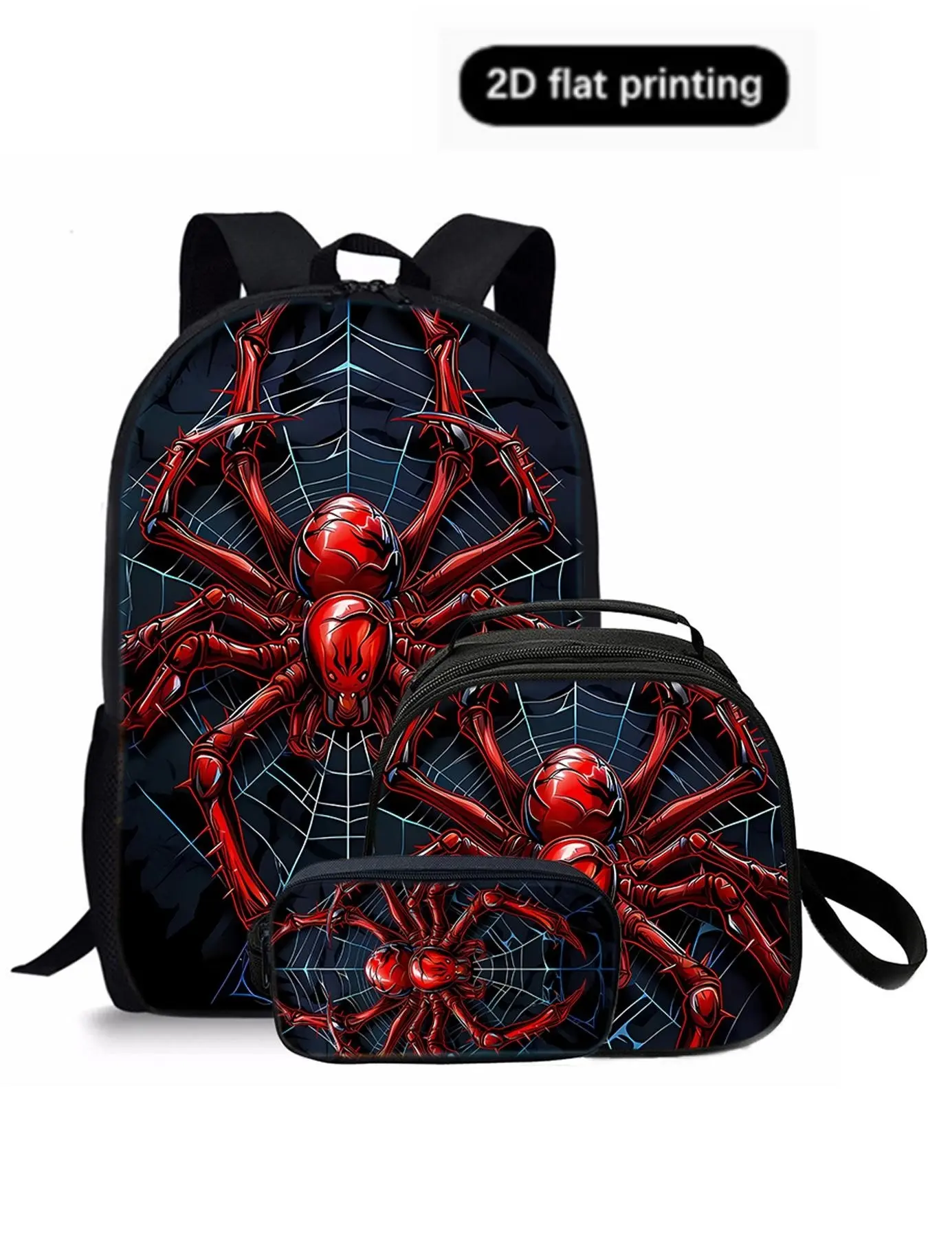 Spider Pattern 2D Print 17 Inch Backpack Set, Single Layer Backpack + Shoulder Strap Lunch Bag + Pen Pouch, Casual All Seasons