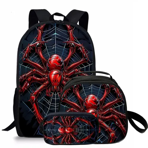 Spider Pattern 2D Print 17 Inch Backpack Set, Single Layer Backpack + Shoulder Strap Lunch Bag + Pen Pouch, Casual All Seasons
