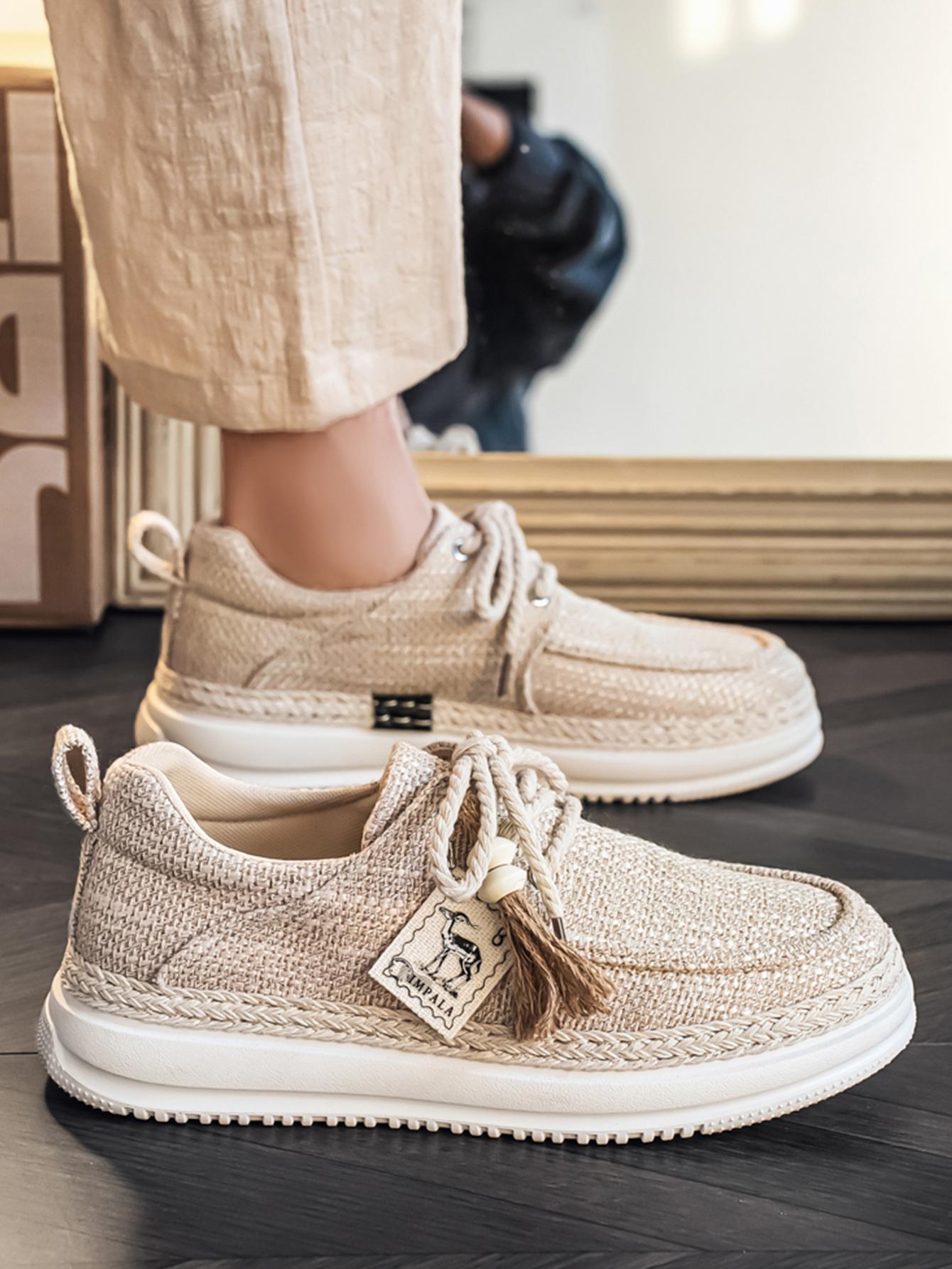 New Summer Men's Cotton Linen Shoes, Breathable Non-Stuffy, Straw Trim Fringe Design, Casual Retro Style, Perfect for Daily Wear