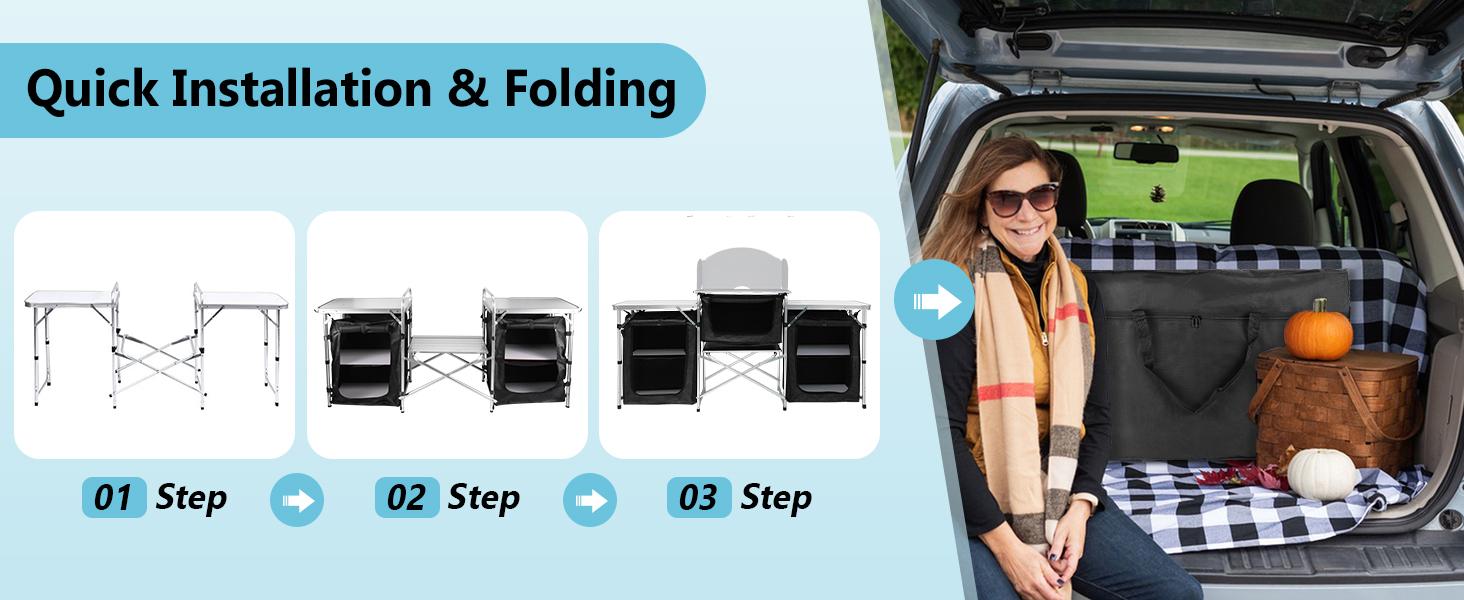 Slendor Camping Kitchen Table Foldable Camp Table with Windscreen 3 Storage Cupboards Multifunctional Portable for BBQ Party Picnics Outdoor Activities