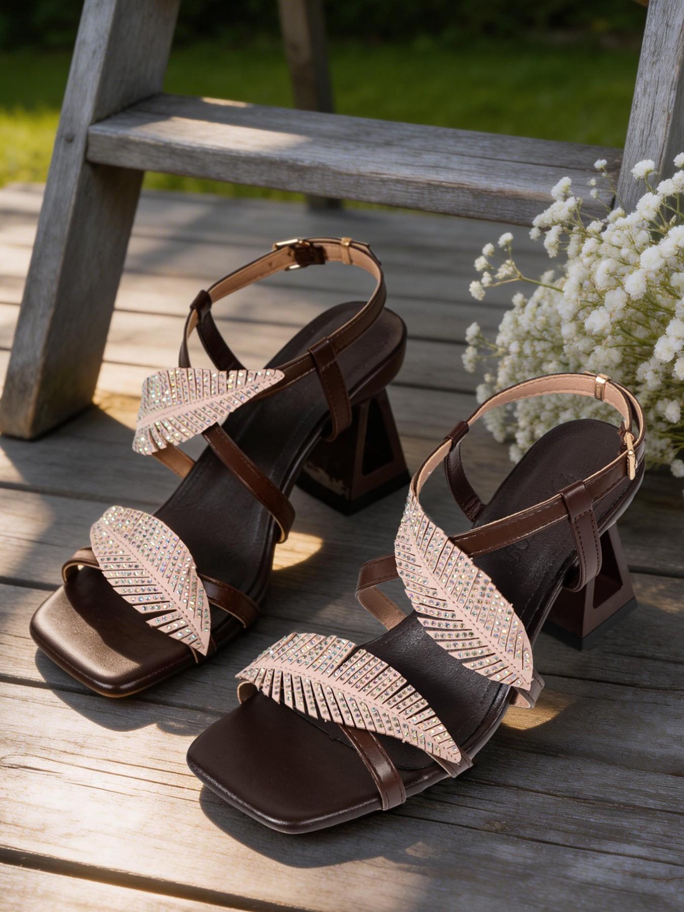 Boho Rhinestone Leaf Heeled Sandals, Vacation Beach High Heel Sandals, Stylish Footwear for Summer, Perfect for Tropical Getaways