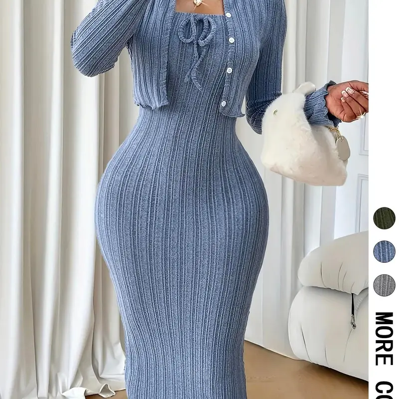 Women Casual Fit Ribbed Texture Textured Elegance Strapless Dress Set with Cropped Jacket, Two-Piece for Spring & Fall Womenswear