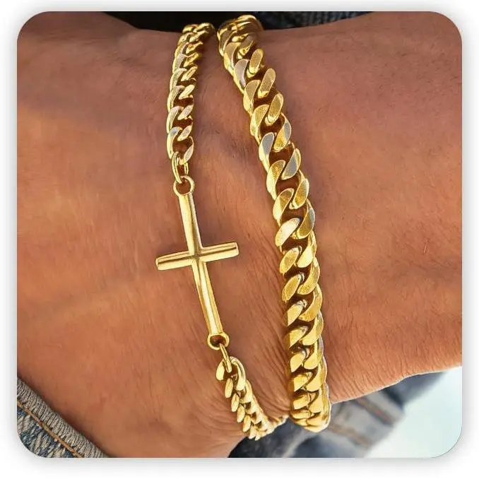 2Pcs Minimalist 304L Stainless Steel Cross Bracelets, Silver/Gold/Black Mens Cross Bracelets Stackable Cuban Link Chain Bracelet Set, Non Tarnish Adjustable Chunky Mens Jewelry Gifts for Men Dad Him Father's Day