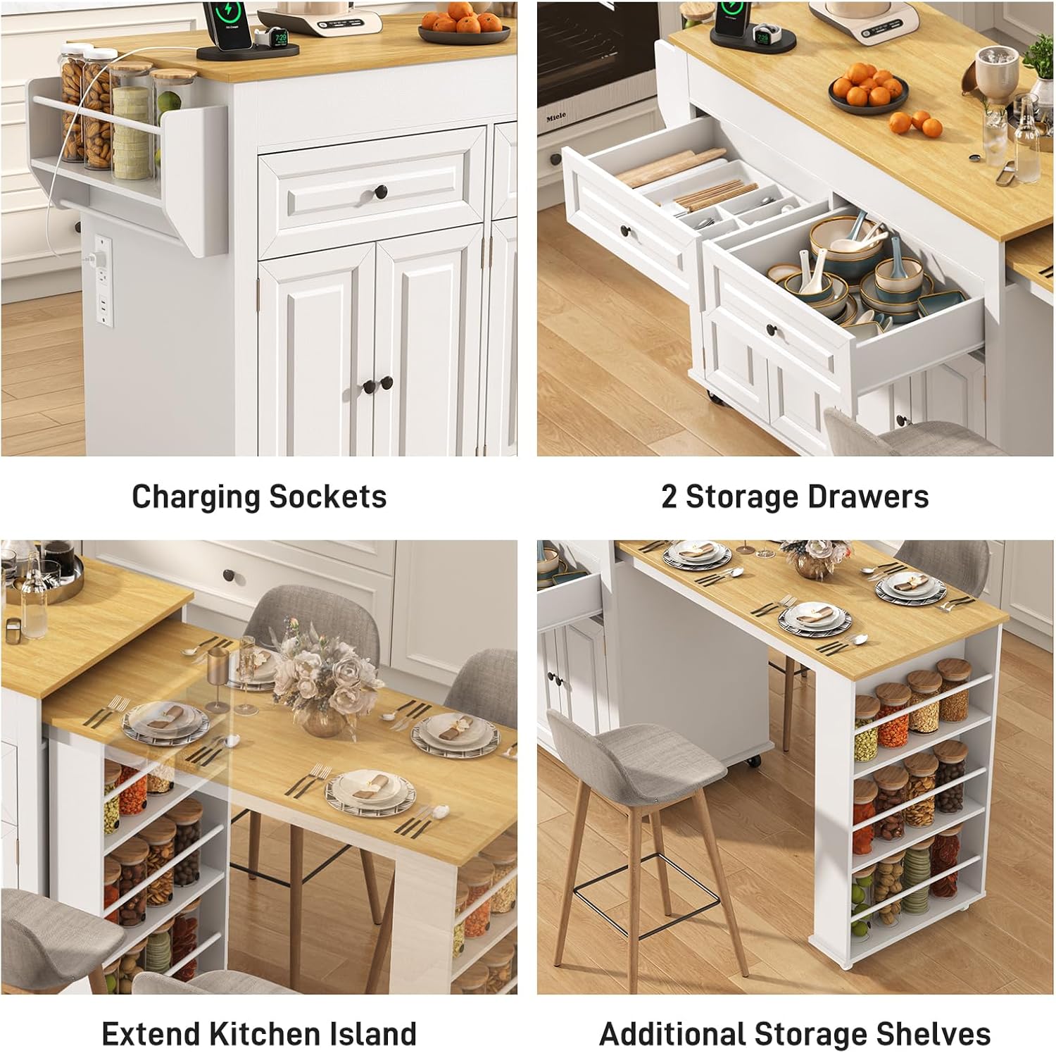 80"-48" Extendable Kitchen Island with Extended Dining Table and Power Outlet,Large Mobile Kitchen Storage Islands with 2 Storage Drawers,Rolling Islands Cart with 3 Extra Rows Open Shelves(White/Black/Brown/Blue)