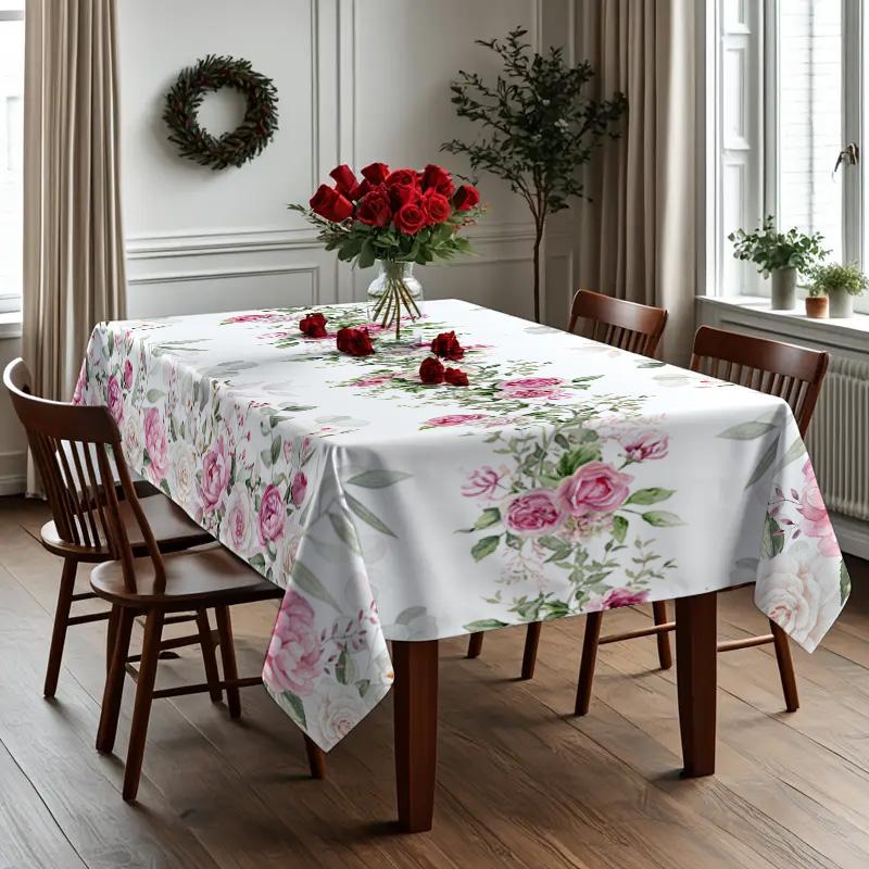 Rectangular Spring Summer Tablecloth, Beautiful Floral Rose Pattern, Home Kitchen Dining Room Decor, Easter Picnic Table Cover and Holiday Celebrations