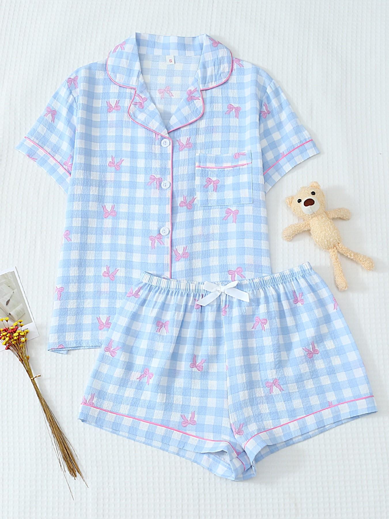 Women's Short Sleeve Button Down Top and Shorts Pajama Set, Spring Summer Wear, Blue White Gingham With Pink Bow Print, Sweet Girl Style, Classic Lapel Collar With Contrast Pink Piping, Smooth Button Closure, Elastic Waist Shorts, Loose Fit, Comfortable F