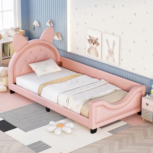 【Bellemave】Twin Size Upholstered Daybed with Carton Ears Shaped Headboard, Pink